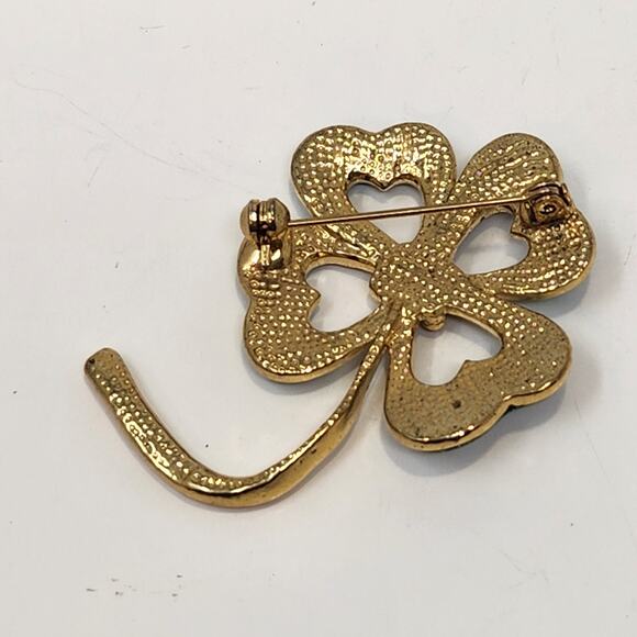 Four Leaf Clover Green Sparkle Enamel Brooch Pin Lucky St Patricks Day Shamrock - Picture 4 of 5